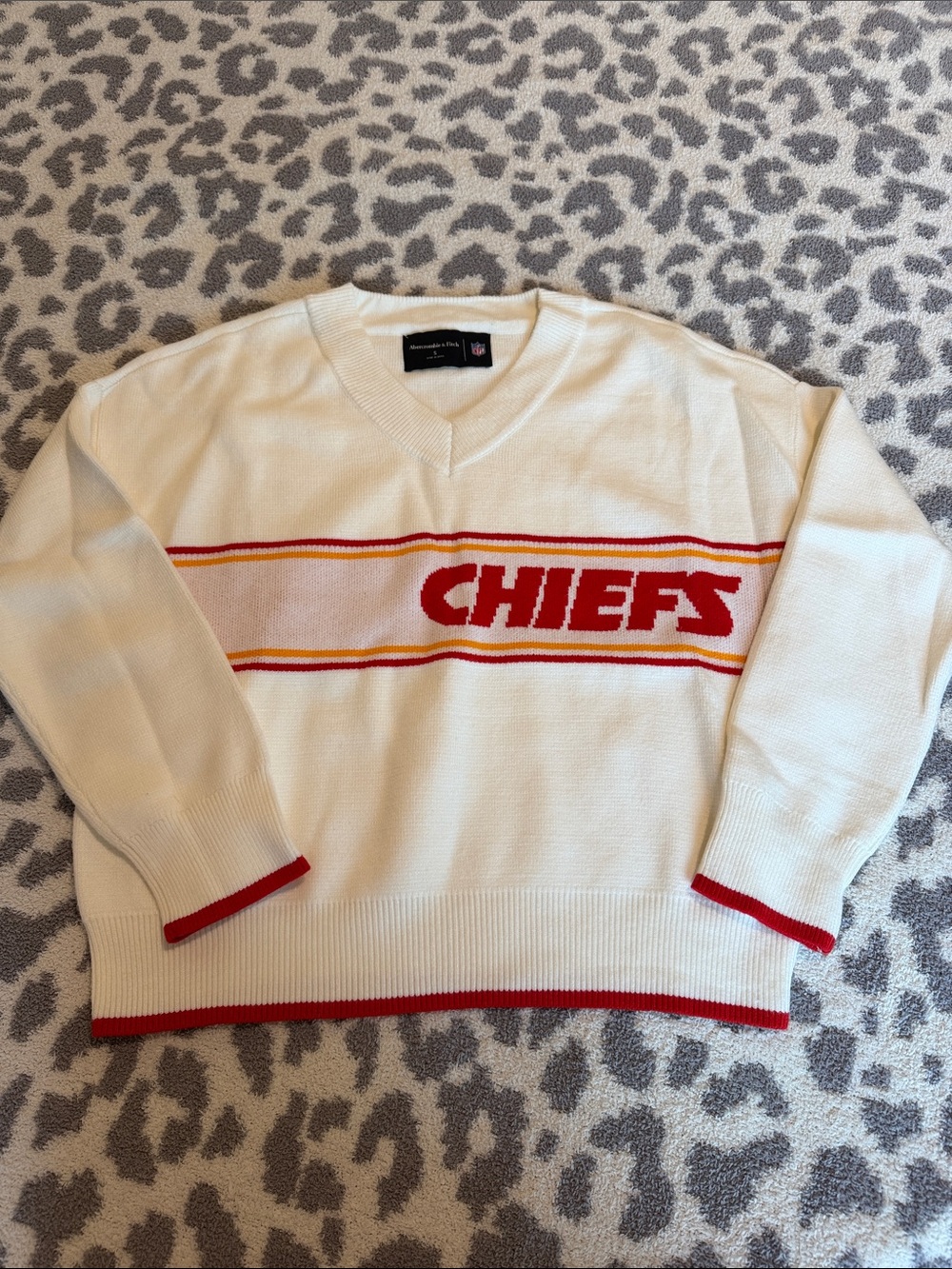 Abercrombie & Fitch Chiefs Cream V-Neck Sweater with Red and Yellow Stripes